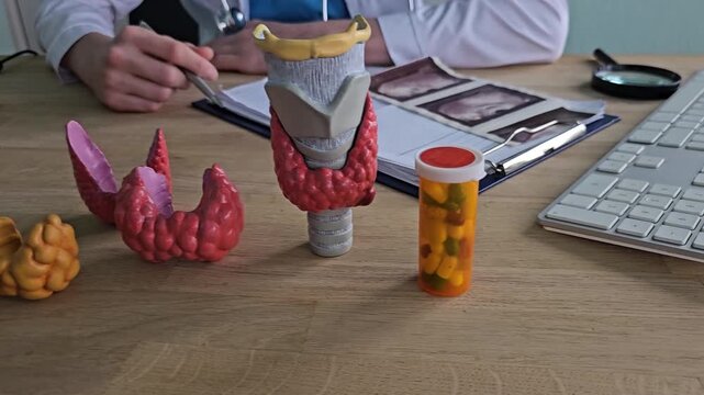 Understanding thyroid anatomy and health with models and medication at a health consultation