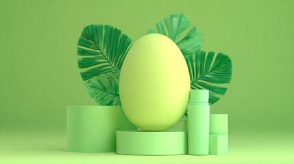 Minimalist Green Egg Display with Leaves.