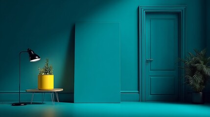 Minimalist Room with Teal Walls and Lamp.