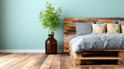 Minimalist Bedroom with Wooden Bed and Green Plant.