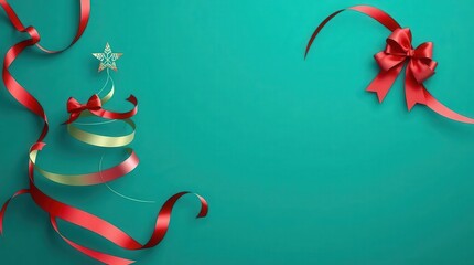 Festive Christmas tree made of red and gold ribbons with star on teal background