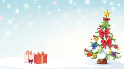 Festive Christmas tree with colorful bows and gifts in snowy scene