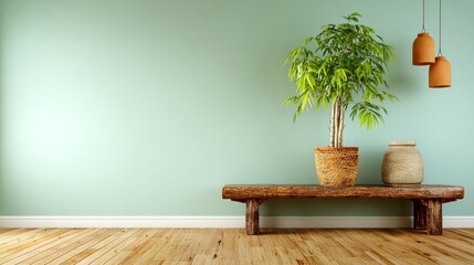 Minimalist Room with Potted Plants and Bench.