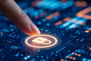 Cybersecurity Concept Human Hand Touching Biometric Digital Lock for Secure Data Access and Network Protection