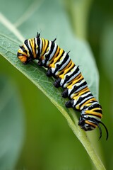 Fototapeta premium Closeup of Monarch Caterpillar Dining on Vibrant Milkweed Leaf, Showcasing Yellow Stripes and Intricate Insect Details