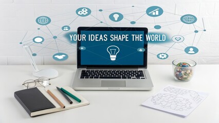Laptop displaying ideas shaping the world with network icons