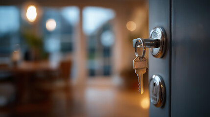 Obraz premium Open door revealing new home interior with door handle key and house shaped keychain visible mortgage approval real estate investment property ownership new homeowner moment