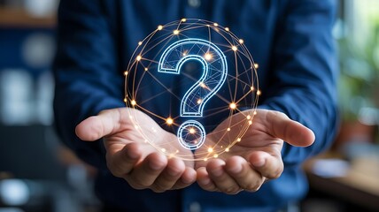 Business Professional Holding Glowing Question Mark Amidst Neural Network and Digital Data Connections