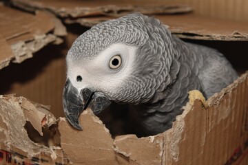 Fototapeta premium African Grey Parrot Engaged in Chewing Cardboard to Create a Cozy Nest