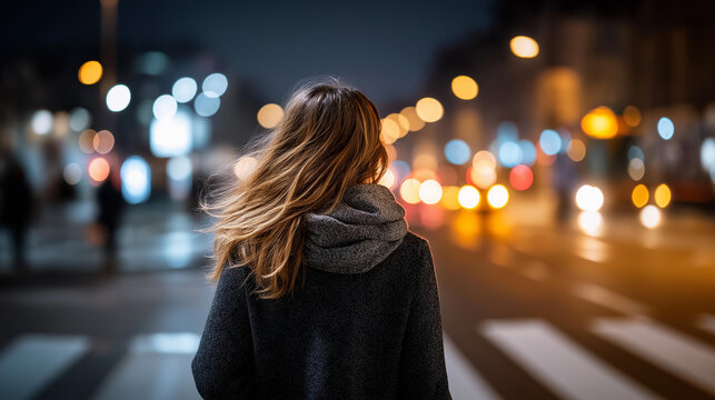 Faceless young woman walking home alone at night on dark street concept of insecurity and fear of walking alone after dark urban safety concerns nighttime vulnerability