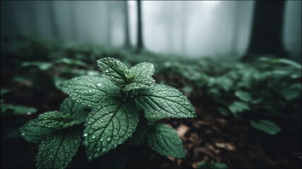 Mint Plant Growing in Forest Floor.