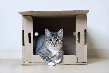 Adorable Kitten Sleeping in Cardboard Box | Curious Feline Portrait in Cozy Indoor Setting