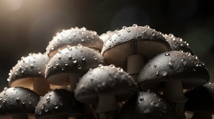 A dense cluster of oyster mushrooms growing closely together, have smooth, rounded gray caps with delicate textures, and fine gills visible underneath, fanning outward elegantly.