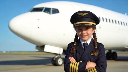 A young girl with twin braids wears a captain's uniform, confidently crossing her arms in front of a large airplane.
