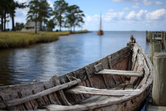 Serene View of Roanoke Island Festival Park, Outerbanks: Tranquil Waters and Soft Blurry Background