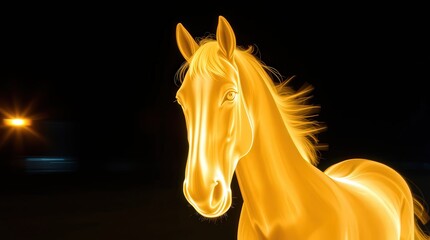 Golden horse head in dark background with glowing light