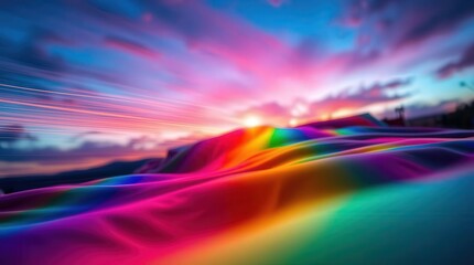 Vibrant rainbow colored sand dunes at sunset with dynamic light trails
