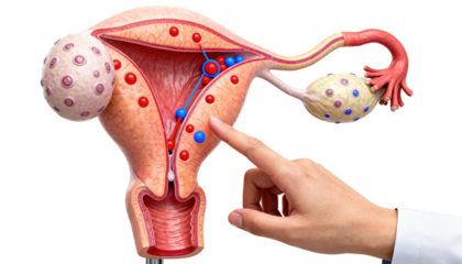 Clinicians hand pointing to detailed ovary model highlighting cysts and hormonal imbalances against white background for PCOS education on metabolic complications.