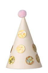 Party hat with holographic polka dots and a pink pom-pom on white background. Real photo, isolated...