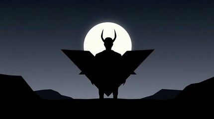 Mysterious horned figure standing against full moon in dark landscape