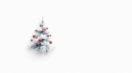 Snowy Christmas tree with red ornaments on white background