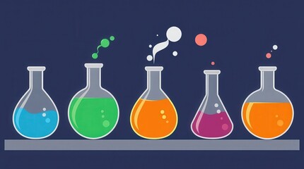 Colorful laboratory beakers on a shelf with chemical reactions