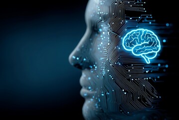 AI Human Profile Interface Glowing Electronic Circuitry Forming Digital Mind and Cybernetic Cognition Concept