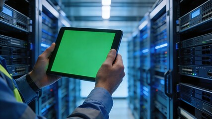 A technician holds a green-screen tablet with both hands inside a data center.
