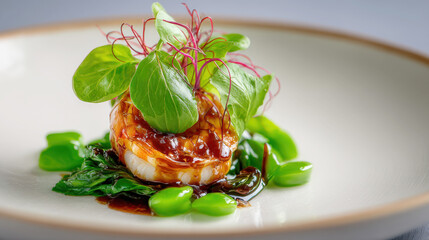 Gourmet seafood appetizer of glazed seared scallop with fresh microgreens and vibrant edamame beans served on a white plate with elegant sauce drizzle in professional restaurant food photography