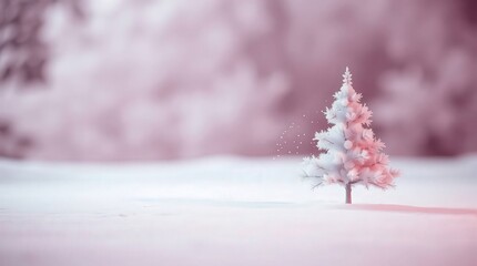 Small snow-covered pine tree in winter landscape with soft pink hues