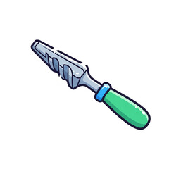 A cartoon chisel with a shiny metallic head and a vibrant green handle, highlighting its industrial design and tool functionality.