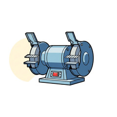 A cartoon illustration of a blue bench grinder with a red on/off switch, designed for industrial or workshop use.