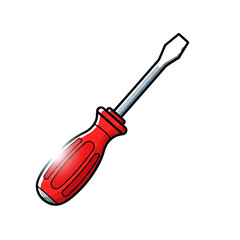 A cartoon illustration of a flathead screwdriver with a glossy red handle and a silver metal shaft and tip, depicted on a white background.