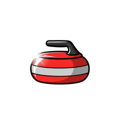 A cartoon illustration of a red and silver curling stone with a black handle, isolated on a white background.