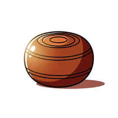 A cartoon illustration of a round, brown, wooden bowling ball with glossy highlights and concentric circles, casting a video game character.