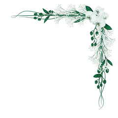 Minimal elegant botanical corner frame featuring orchids and baby's breath in deep emerald green isolated on white background.png