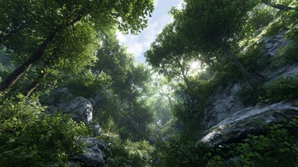 Misty Forest Landscape with Lush Greenery.