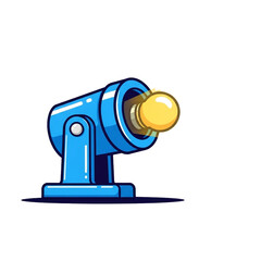 A cartoonish blue spotlight with a glowing yellow bulb, projecting a beam of light, symbolizing ideas and innovation.