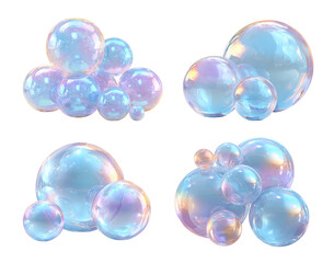 Soap Bubbles Set Colorful PNGs Isolated Transparent Background Rainbow Glossy Surface Iridescent Blue Overlapping Round Spheres Decorative Design Elements