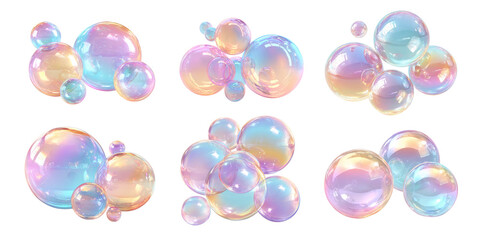 Soap Bubbles Set Colorful PNGs Isolated Transparent Background Rainbow Glossy Surface Round Spheres Decorative Design Elements