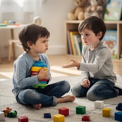 Two young boys having a disagreement over sharing a colorful toy in a bright playroom for childhood conflict resolution concept