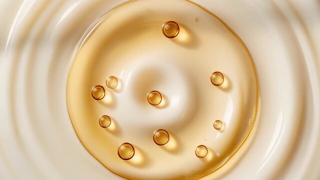 argan oil drops flowing into rich, creamy cosmetic lotion or body butter, beauty product ingredient, natural skincare, vitamin E essence close-up.