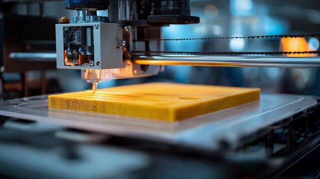 View of a 3D printing setup producing a composite material prototype featuring the machines mechanical components and the evolving model.