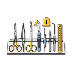 A collection of dental instruments including scalpels, forceps, scissors, probes, and a ruler, presented in a doodle art style with a white background.