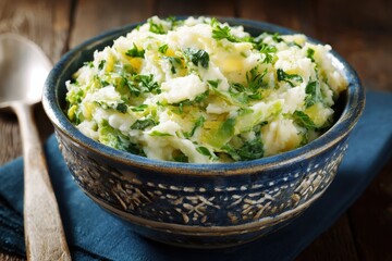 Traditional Irish Colcannon - Creamy Mashed Potatoes with Savoy Cabbage in a Rustic Bowl