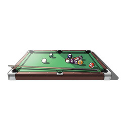 A detailed illustration of a billiards table with colorful balls arranged and a cue stick resting on the green felt surface, ready for a game.
