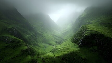 Misty Green Mountain Valley Landscape Scene.