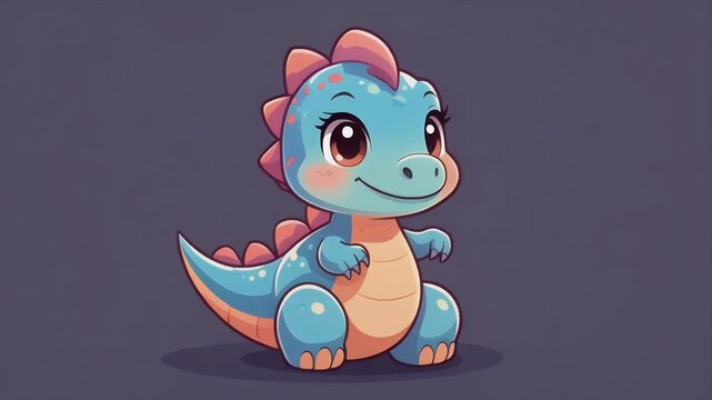 A lovable and friendly cartoon baby dinosaur with an endearing smile and colorful scales sitting peacefully