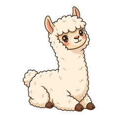 Cute cartoon alpaca sitting on white background