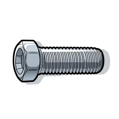A detailed illustration of a single, metallic hex bolt with a visible threaded shaft and a hexagonal head, presented in a clean, graphic style.